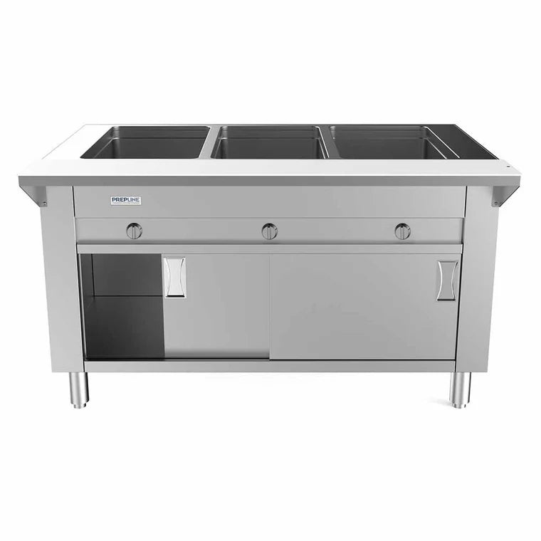 Prepline GSTC48-3S Three Pan Sealed Well Gas Hot Food Steam Table with Enclosed Base and Sliding Doors