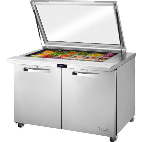 True TSSU-48-18M-B-FGLID-HC SPEC3 Sandwich Salad Prep Table, 48", 18-Pan, Mega-Top, Glass Lid