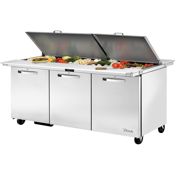 True TSSU-72-30M-B-DS-ST-HC SPEC3 Sandwich Salad Prep Table, 72", 30-Pan, Mega-Top, Stainless Lid