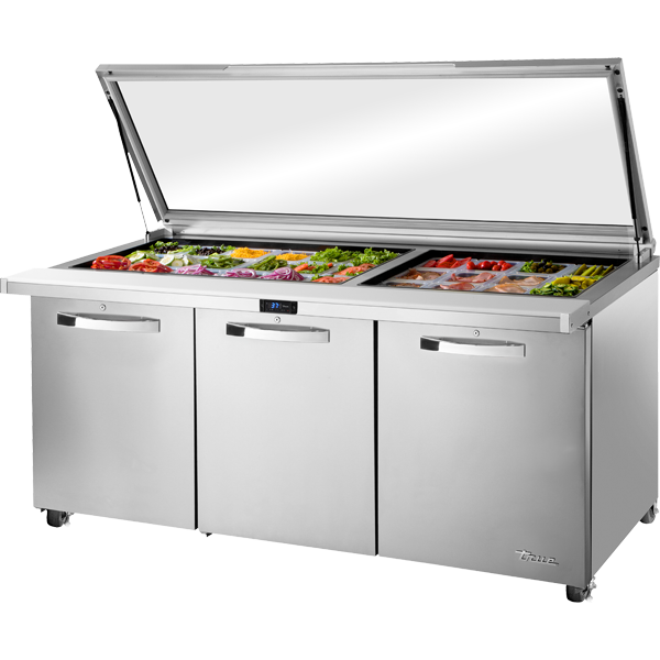 True TSSU-72-30M-B-ST-FGLID-HC SPEC3 Sandwich Salad Prep Table, 72", 30-Pan, Mega-Top, Glass Lid