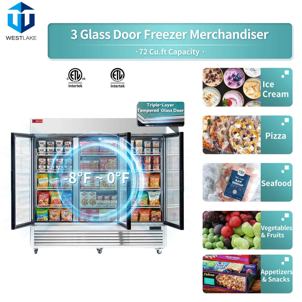 WESTLAKE WK-82FG 72 Cu.Ft. 3-Glass-Door Reach-In Freezer-8°F to 0°F