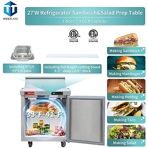 WESTLAKE WKSR-27BM 1-Solid-Door Sandwich Prep Table Refrigerator 33°F to 41°F