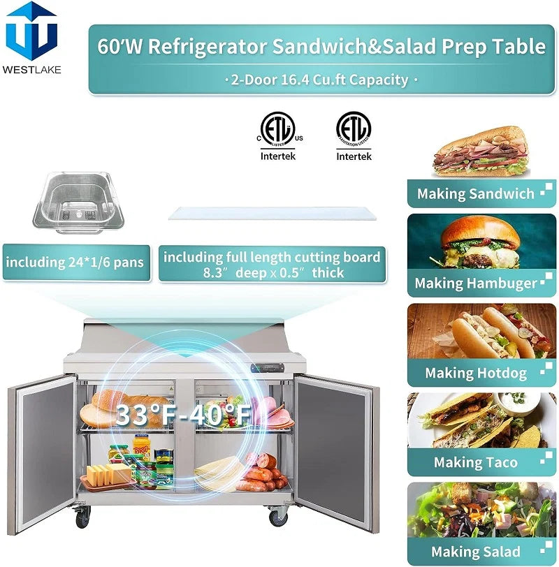 WESTLAKE WKSR-60BM 16.4 Cubic Feet Mega Top 2-Solid-Door Sandwich Prep Table Refrigerator 33°F to 41°F