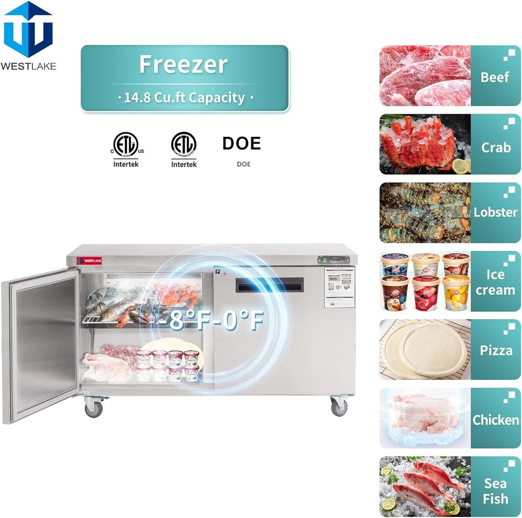 WESTLAKE WKTF-60B 14.8 Cubic Feet 2-Solid-Door Undercounter Freezer -8°F to 0°F