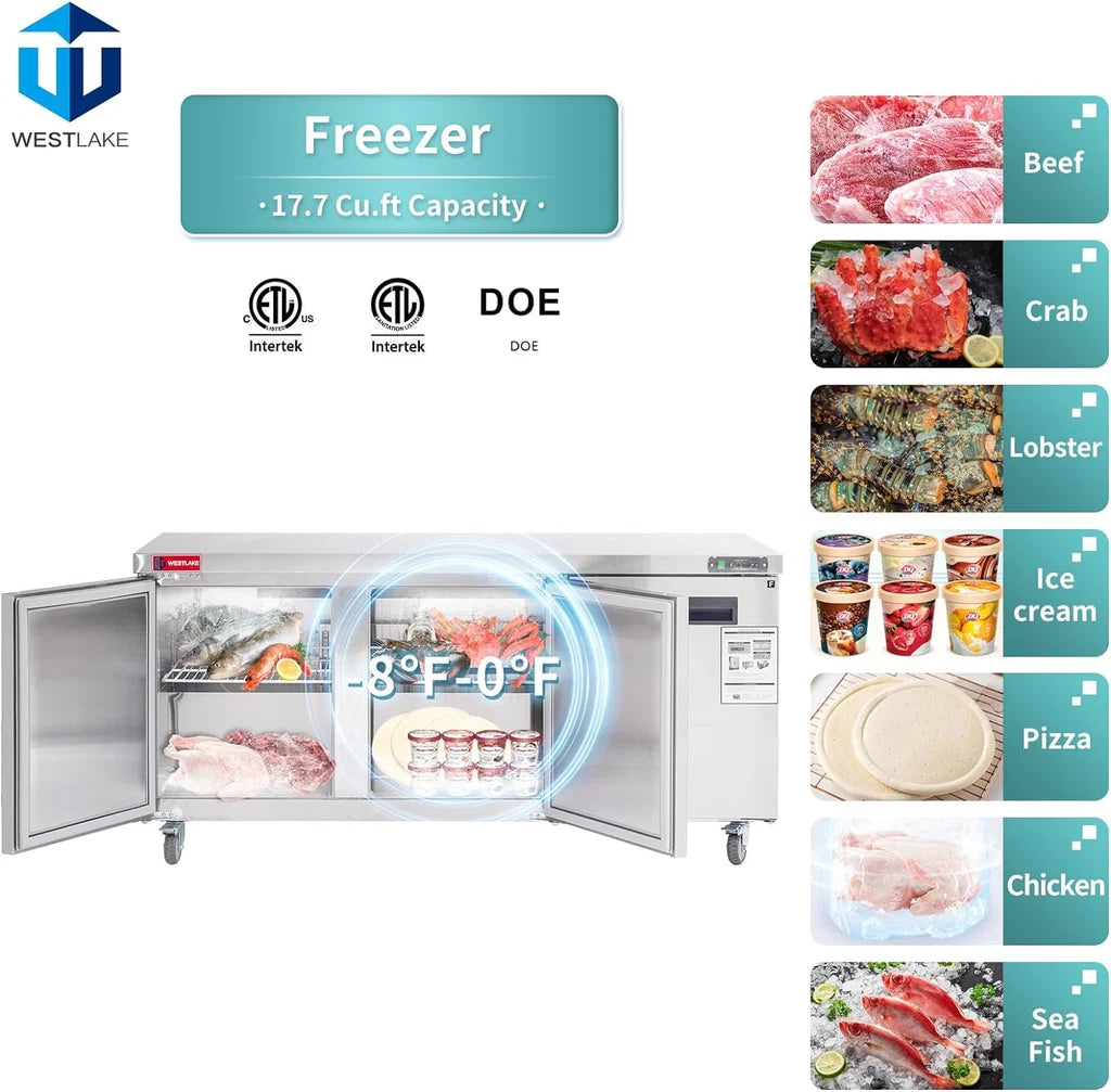WESTLAKE WKTF-72B 17.7 Cubic Feet 3-Solid-Door Undercounter Freezer -8°F to 0°F