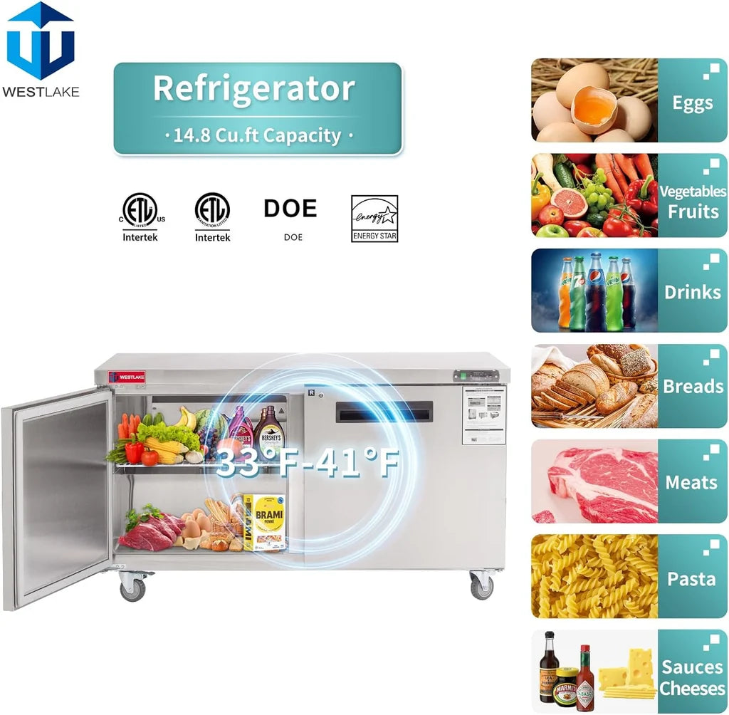 WESTLAKE WKTR-60B 14.8 Cubic Feet 2-Solid-Door Undercounter Refrigerator 33°F to 41°F