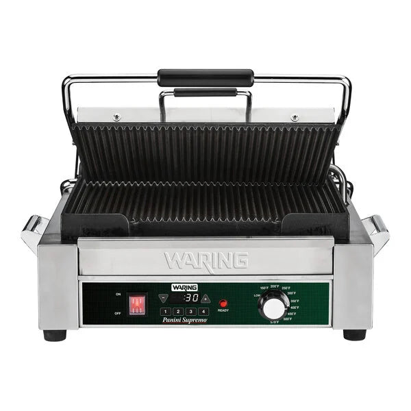 Waring WPG250TX Commercial Large Grooved Panini Grill Head 120V Countdown Timer Console
