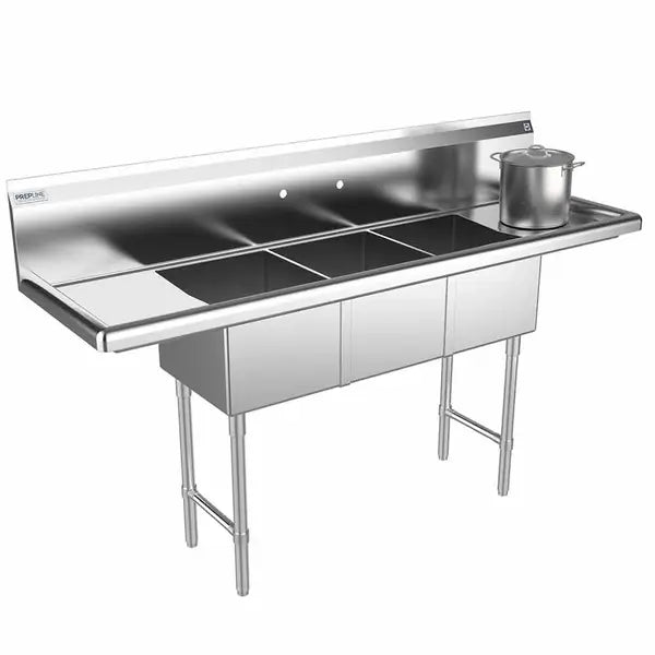 Prepline XS3C-1416-LR 14 x 16 Inches Stainless Steel Three-Compartment Splash Mount Utility Sink with Left and Right Drainboards
