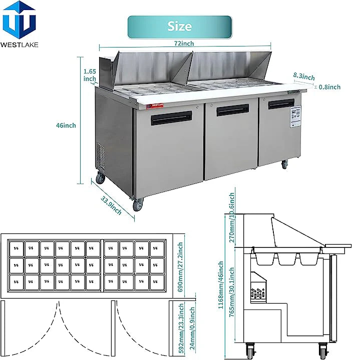 West Lake WKSR-72BM Salad Prep Table Refrigerator 3 Door 33-40°F