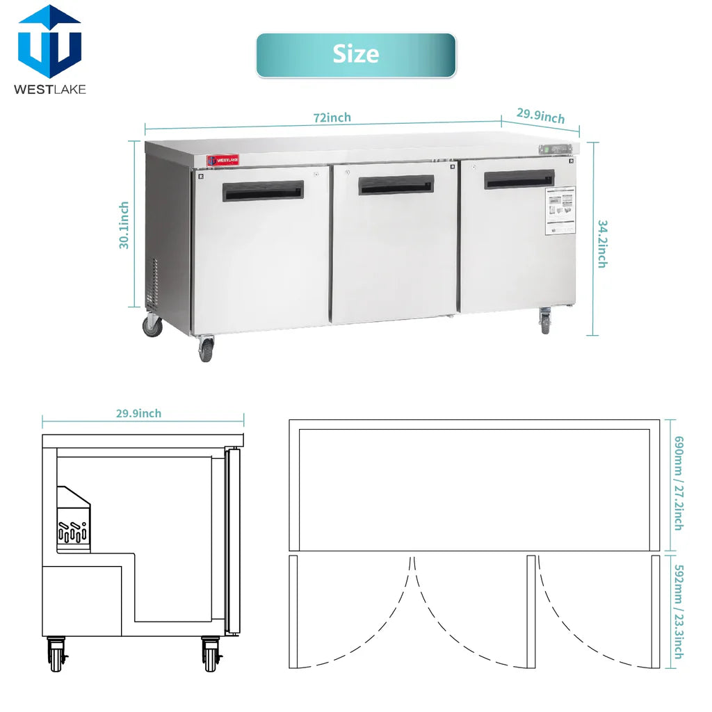 West Lake WKTR-72B Undercounter Refrigerator 3 Door 33-40°F