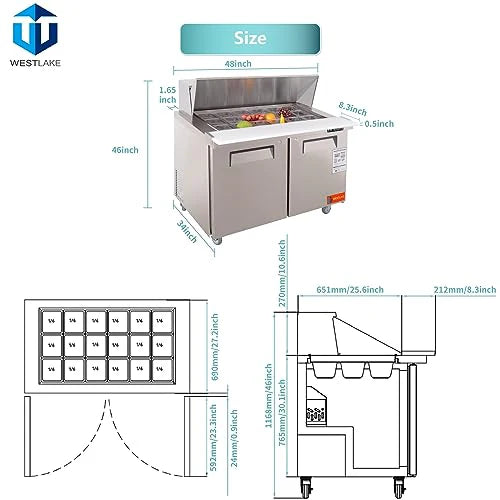 West Lake WKSR-48BM Salad Prep Table Refrigerator 2 Door 33-40°F