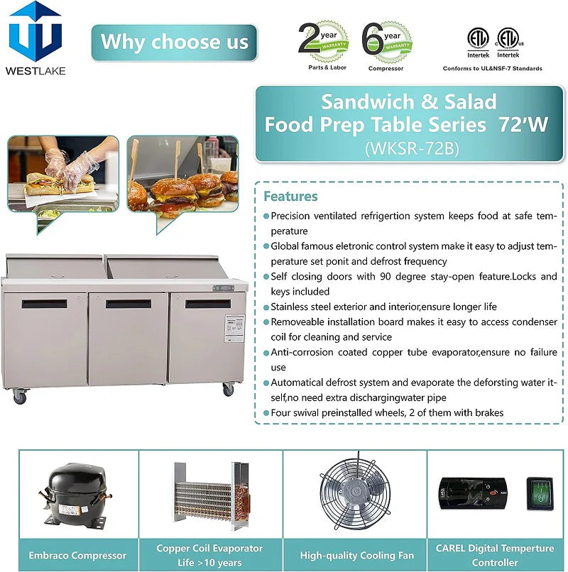 West Lake WKSR-72B Salad Prep Table Refrigerator 3 Door 33-40°F