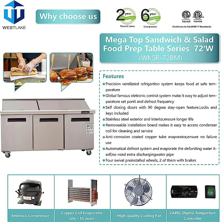 West Lake WKSR-72BM Salad Prep Table Refrigerator 3 Door 33-40°F