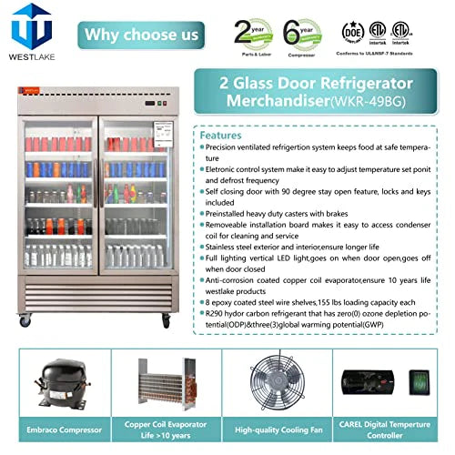 West Lake WKR-49BG Glass Door Merchandiser Refrigerator 2 Door 33-40°F