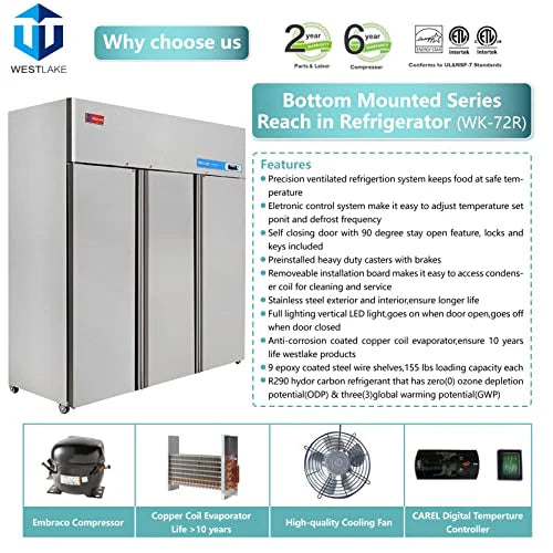 West Lake WK-72R Commercial Refrigerator 72" 3-Door 33-40°F