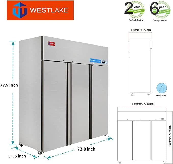 West Lake WK-72F Commercial Freezer 72" 3-Door -8-0°F