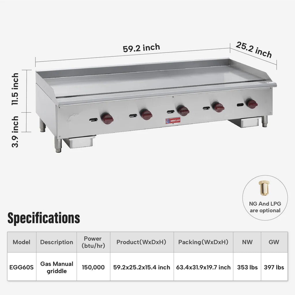 West Lake EGG60S Gas Griddle 59.2" 150,000 Btu