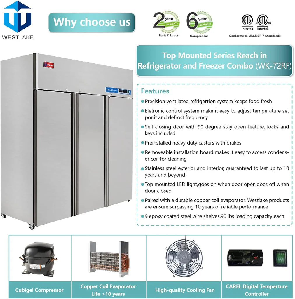 West Lake WK-72RF Commercial Refrigerator Freezer Combo 72" 3-Door 33-40°F -8-0°F