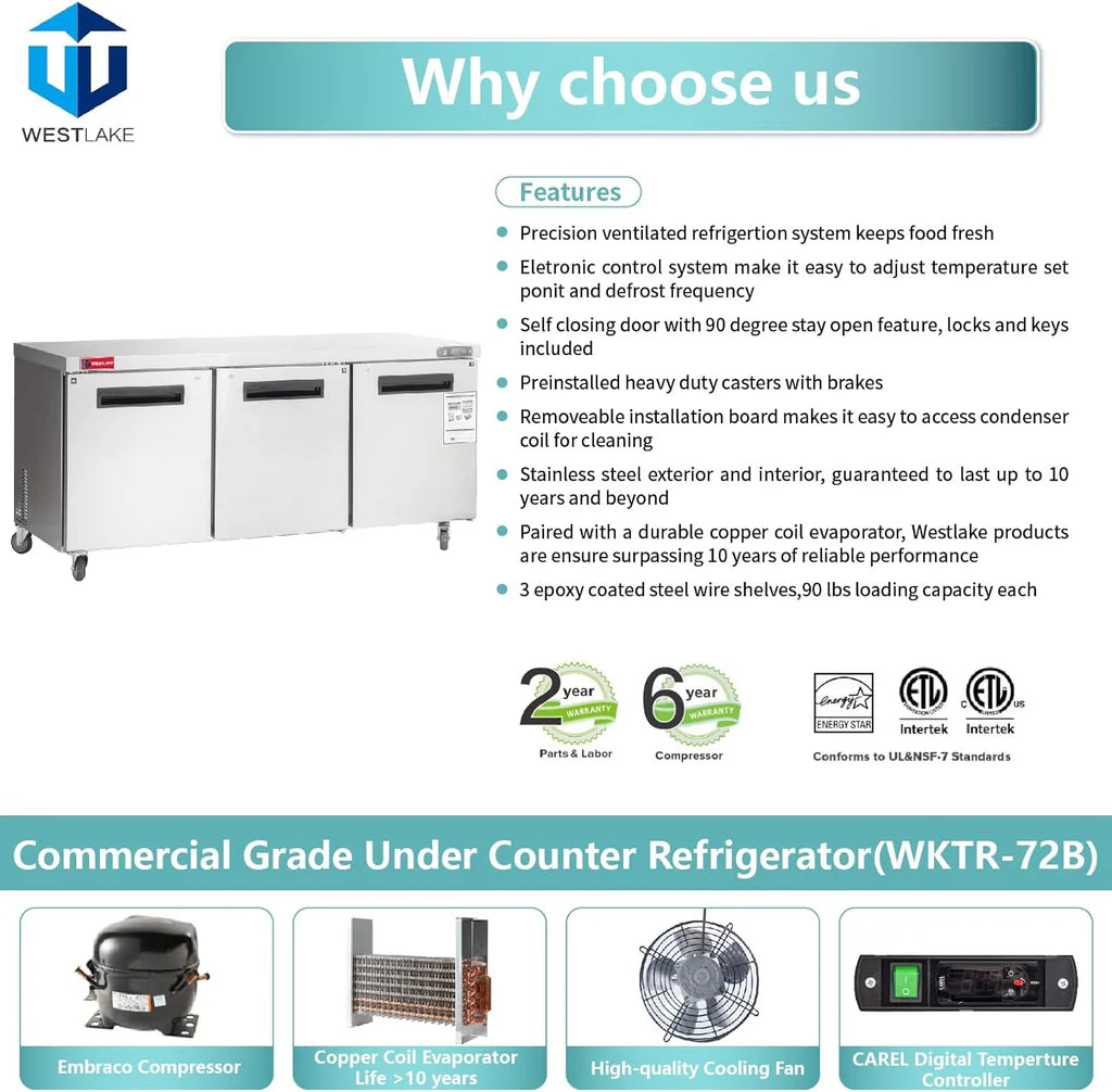 West Lake WKTR-72B Undercounter Refrigerator 3 Door 33-40°F