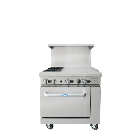 Atosa AGR-2B24GR Gas Range 36 Inch 2 Burners With 24 Inch Right Griddle And 26.5 Inch Oven