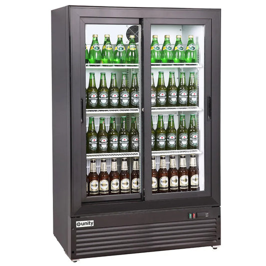 UNITY BLU-36SB 36-Inch 2 Glass Sliding Door Narrow Low Profile Merchandiser Refrigerator 33°F to 41°F
