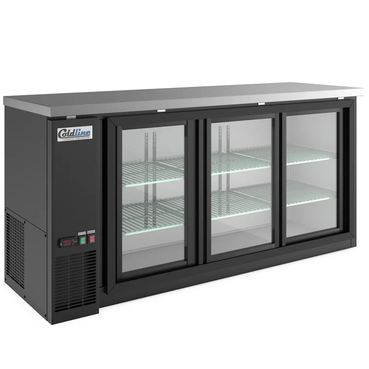 COLDLINE CBB-72G-SL 21.6 Cu.Ft Black Sliding Glass Door Back Bar Refrigerator 33°F-40°F