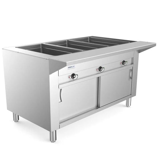 Prepline ESTC48-3S Three Pan Sealed Well Electric Hot Food Steam Table with Enclosed Base and Sliding Doors