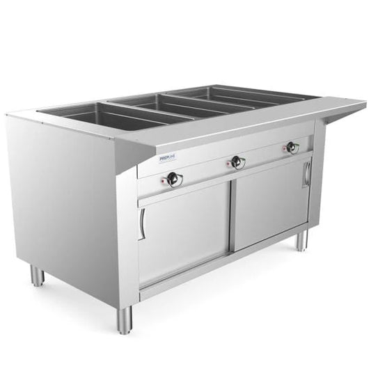 Prepline ESTC48-3S Three Pan Sealed Well Electric Hot Food Steam Table with Enclosed Base and Sliding Doors
