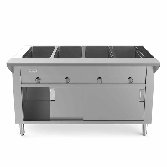 Prepline GSTC60-4S Four Pan Sealed Well Gas Hot Food Steam Table with Enclosed Base and Sliding Doors