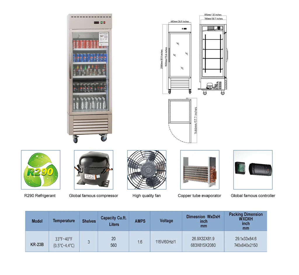 West Lake WKR-23BG Glass Door Merchandiser Refrigerator 1 Door 33-40°F