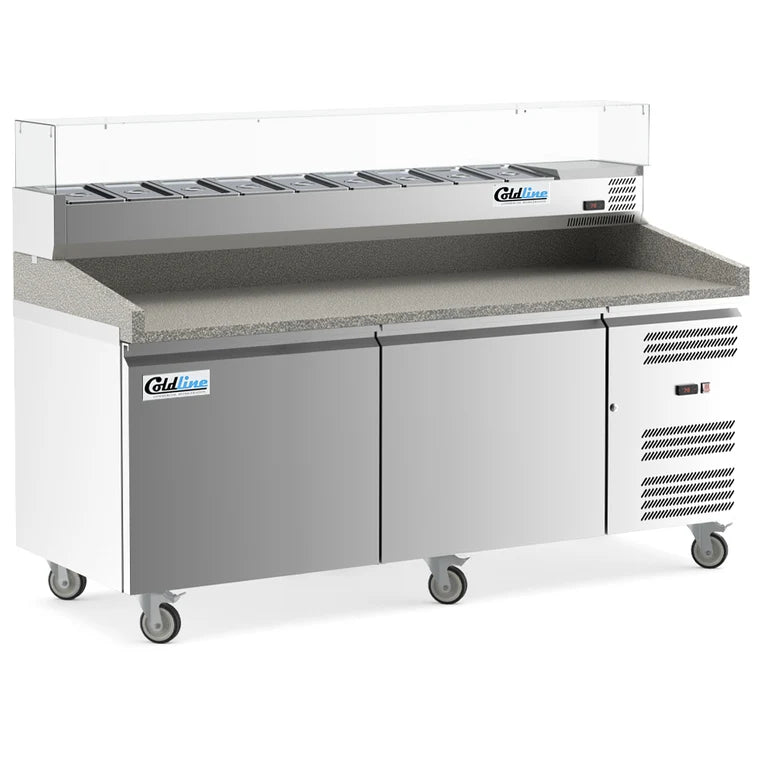 COLDLINE PDR-80W-SS 22.6 Cu.Ft. 80-Inch 3-Section Refrigerated Pizza Prep Table Refrigerator 33°F to 40°F