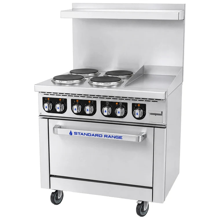 STANDARD RANGE SR-ER36-12EG-208 36" Electric Restaurant Range with 4 Burners, 12" Electric Griddle, and 1 Oven