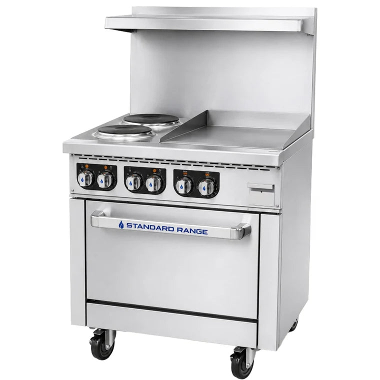 STANDARD RANGE SR-ER36-24EG-208 36" Electric Restaurant Range with 2 Burners, 24" Electric Griddle, and 1 Oven