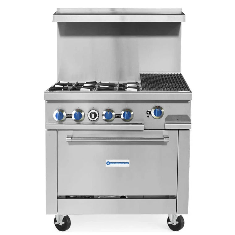 Standard Range SR-R36-12CB 36" Range with 4 Burners, 12" Char-Broiler Top, and 1 Oven