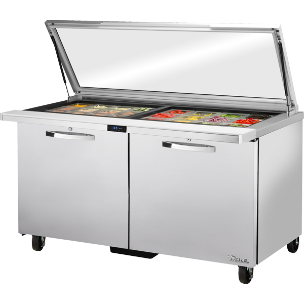 True TSSU-60-24M-B-ST-FGLID-HC SPEC3 Sandwich Salad Prep Table, 60", 24-Pan, Mega-Top, Glass Lid