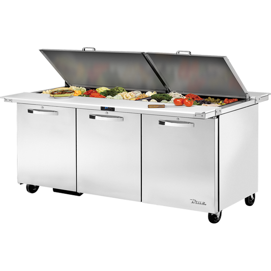 True TSSU-72-30M-B-DS-ST-HC SPEC3 Sandwich Salad Prep Table, 72", 30-Pan, Mega-Top, Stainless Lid