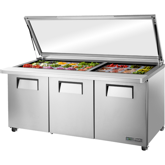 True TSSU-72-30M-B-ST-FGLID-HC Sandwich Salad Prep Table, 72", 30-Pan, Mega-Top, Glass Lid