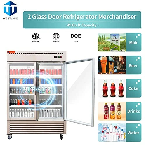 WESTLAKE WKR-49BG 49 Cubic Feet 2-Glass-Door Reach-In Refrigerator 33°F to 40°F