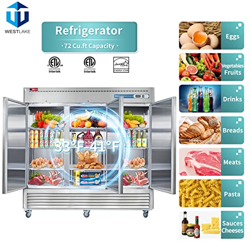 WESTLAKE WKR-82B 72 Cubic Feet 3-Solid-Door Reach-In Refrigerator 33°F to 40°F