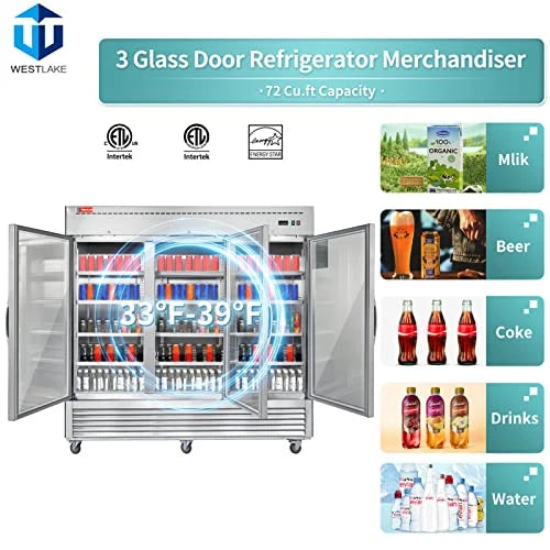 WESTLAKE WKR-82BG 72 Cubic Feet 3-Glass-Door Reach-In Refrigerator 33°F to 40°F