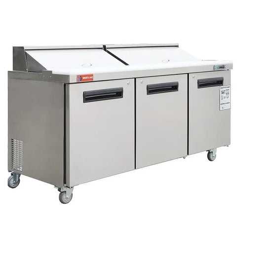 WESTLAKE WKSR-72B 20 Cubic Feet 3-Solid-Door Sandwich Prep Table Refrigerator 33°F to 41°F