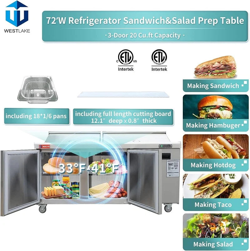 WESTLAKE WKSR-72B 20 Cubic Feet 3-Solid-Door Sandwich Prep Table Refrigerator 33°F to 41°F