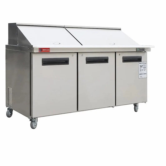 WESTLAKE WKSR-72BM 20 Cubic Feet Mega Top 3-Solid-Door Sandwich Prep Table Refrigerator 33°F to 41°F