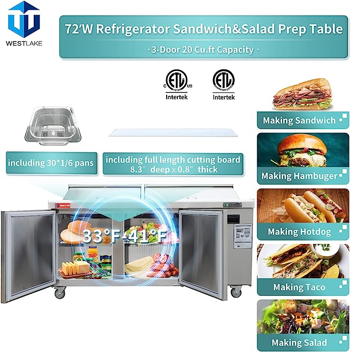 WESTLAKE WKSR-72BM 20 Cubic Feet Mega Top 3-Solid-Door Sandwich Prep Table Refrigerator 33°F to 41°F