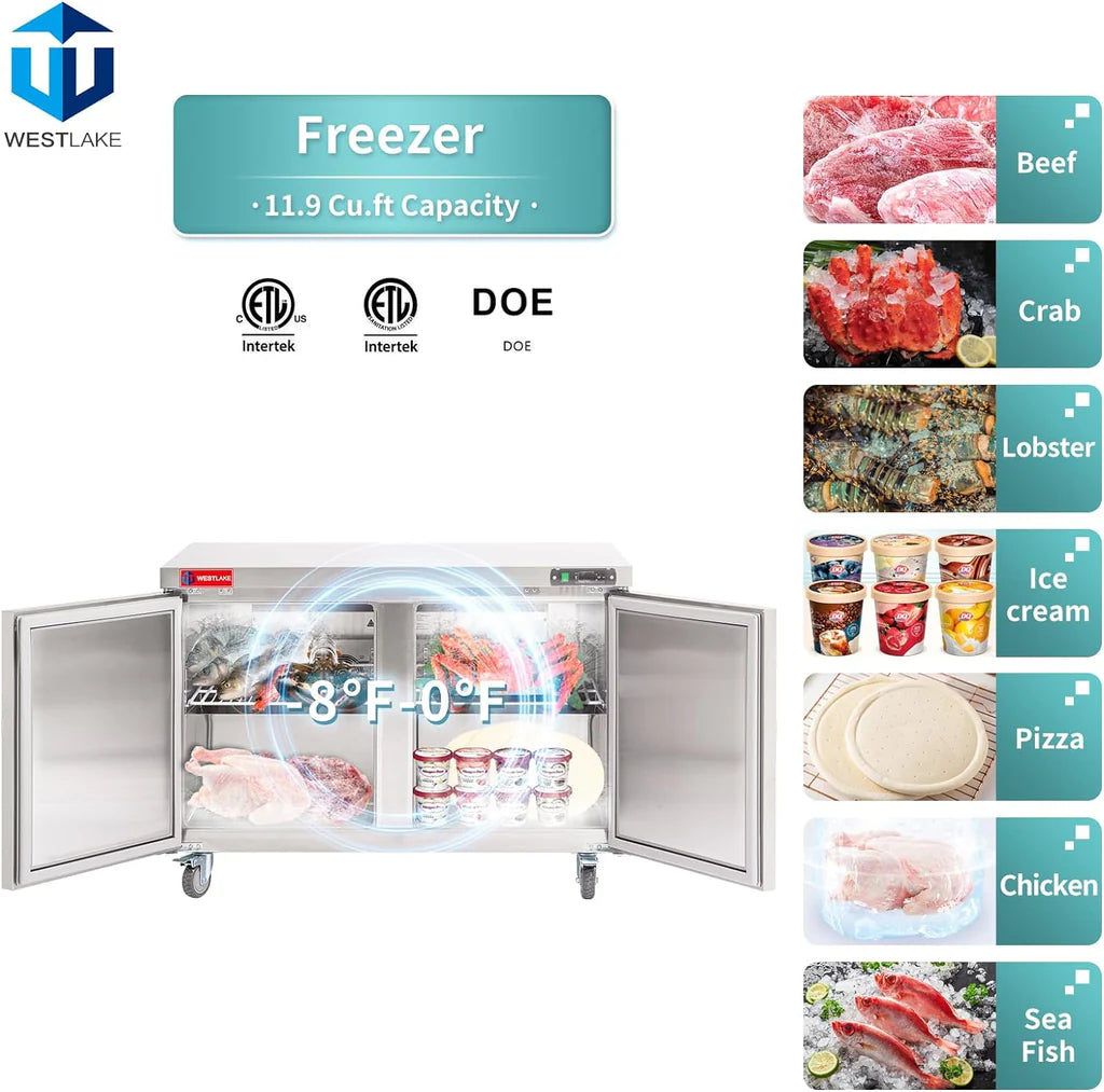 WESTLAKE WKTF-48B 12 Cubic Feet 2-Solid-Door Undercounter Freezer -8°F to 0°F
