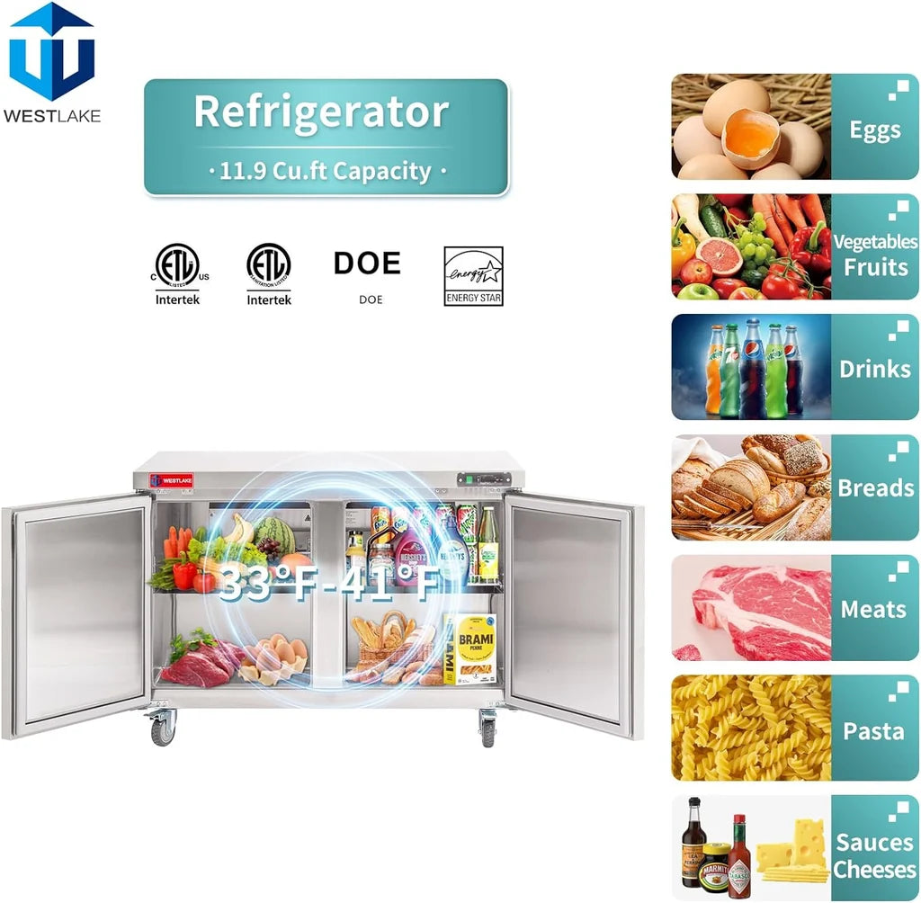 WESTLAKE WKTR-48B 12 Cubic Feet 2-Solid-Door Undercounter Refrigerator 33°F to 41°F