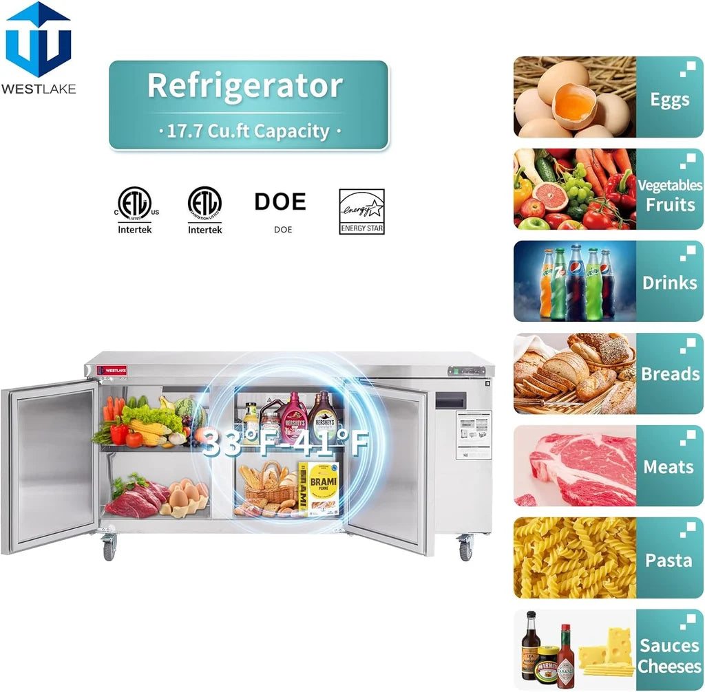 WESTLAKE WKTR-72B 17.7 Cubic Feet 3-Solid-Door Undercounter Refrigerator 33°F to 41°F
