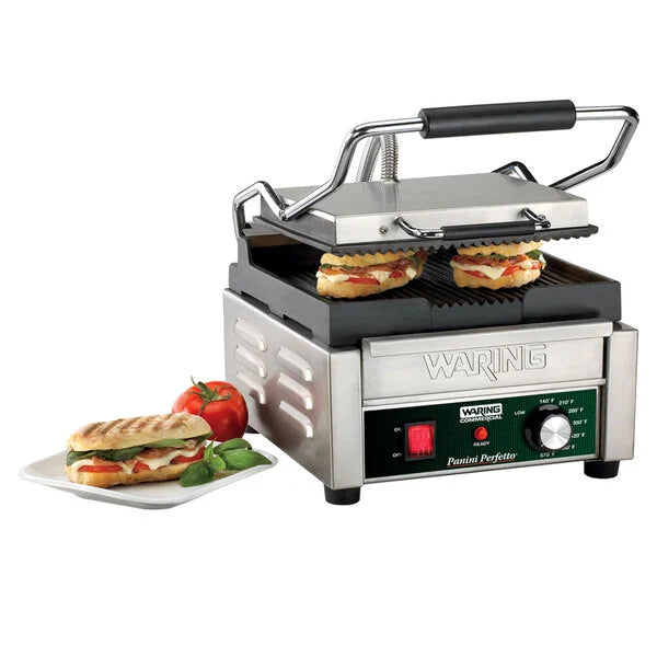 Waring WPG150B Commercial Compact Grooved Panini Grill Head 208V High-Voltage Workstation