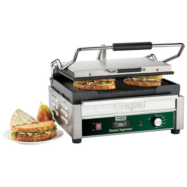 Waring WPG250TB Commercial Large Grooved Panini Grill Head 208V High-Volt Timer Station