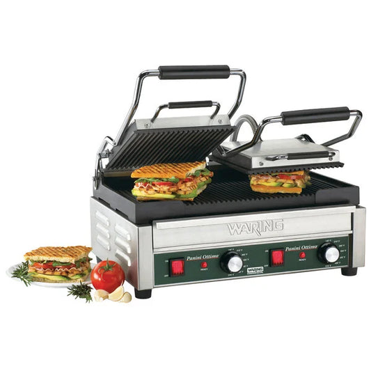 Waring WPG300 Commercial Extra-Large Double Grooved Panini Grill Head 240V Independent Dual-Zone Workstation